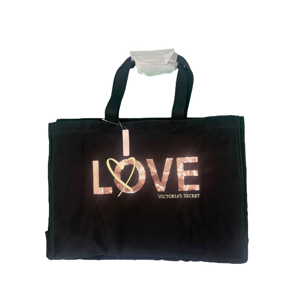 VICTORIA'S SECRET BLACK  SIGNATURE TOTE WITH ROSE GOLD SIGNATURE SHIMMER NWT